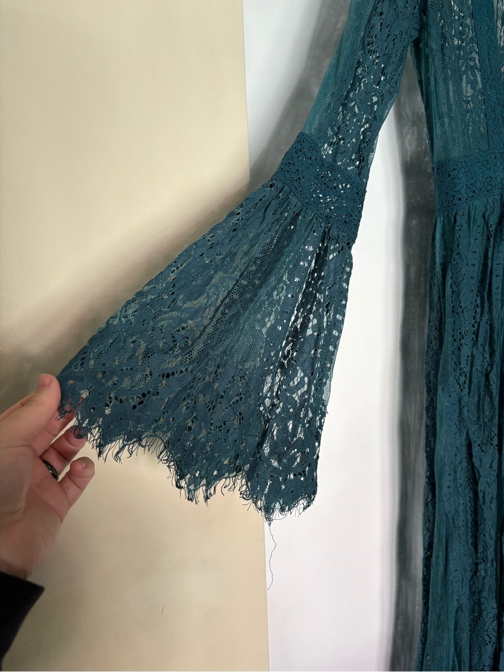 Long Teal Lace V-Neck Maxi Over-Dress with Sheer Details - Picture 4 of 5